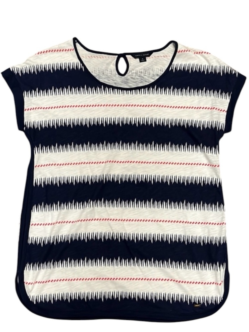 Tommy Hilfiger Navy and White Patterned Tee - Medium
